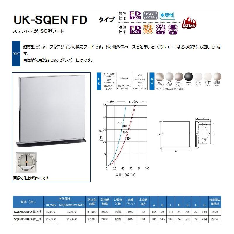 24個 外壁換気口 防火ダンパー付 ステンレス製 SQ型フード フードビス脱着式 ヘアライン UK-SQEN100BFD-HL 宇佐美工業 アMD_1