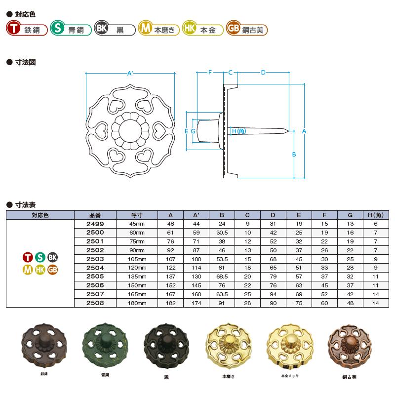 御殿飾釘　本金　75mm　4個入　HK2501　真鍮地　北別　アミ　門金具　エイト　代引不可