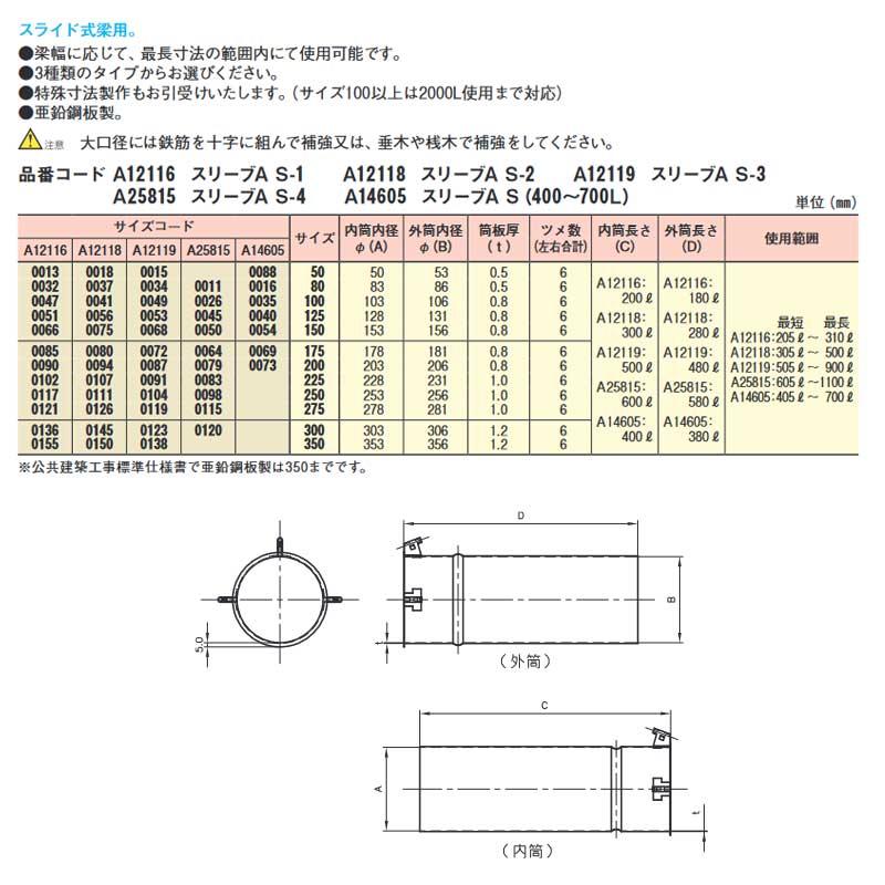 アカギ スリーブ スリーブA S-3 サイズ80 内筒長さ500mm A12119 0034