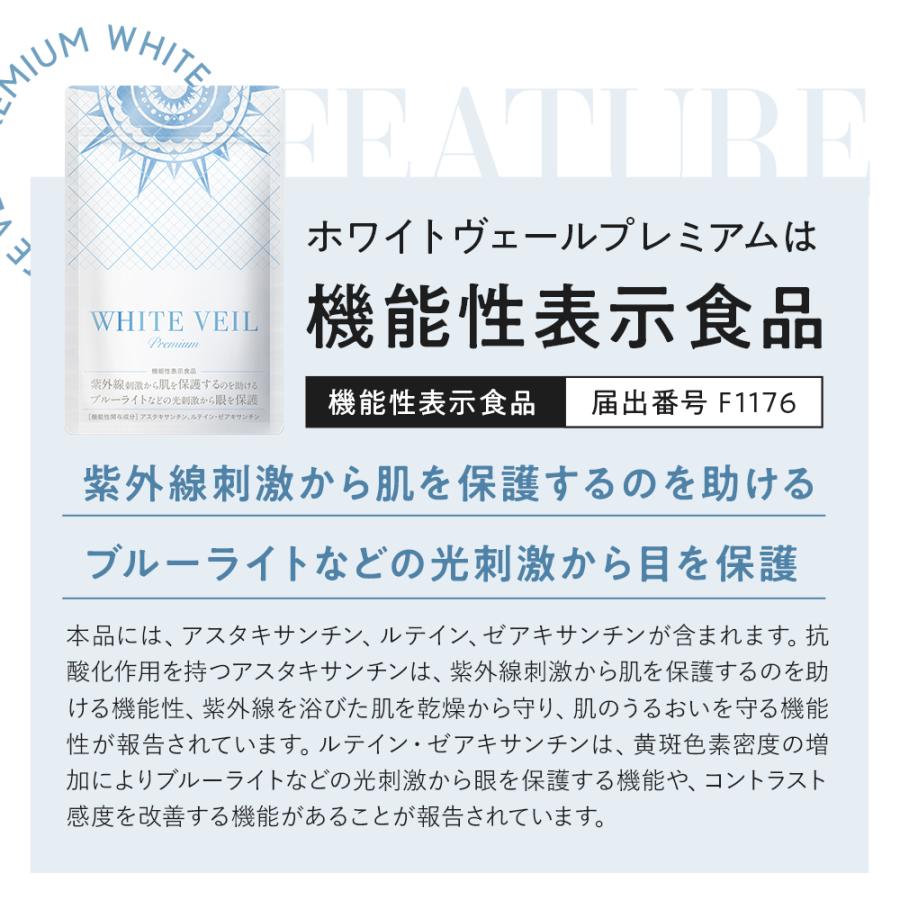 ホワイトヴェール プレミアム 1袋 ニュートロックスサン アスタキサンチン 美容 サプリ UVケア 紫外線 日焼け対策 飲む美容液 機能性表示食品 飲む日焼け止め｜plutoi｜16