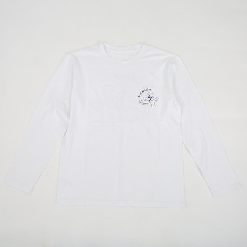 SURFドッグイラスト長袖Tシャツ バックプリント サーフロゴ カットソー ホワイト メンズ レディース ペアルック｜pluuhall-web｜09