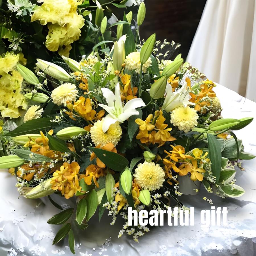 お悔み お供え ユリ 黄色系 生花 アレンジメント 11000円 おしゃれ 現代風 仏花 枕花 命日 法事 一周忌 四十九日 新盆 洋花 送料無料 クール便 |  | 01
