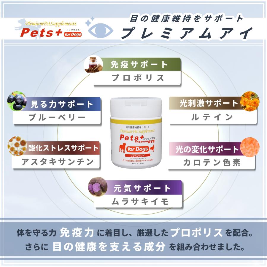犬 サプリメント 目の健康 ケア 国産 プロポリス ブルーベリー ルテイン アントシアニン アスタキサンチン ペッツプラス プレミアムアイ 犬用 サプリ | Pets+ | 03