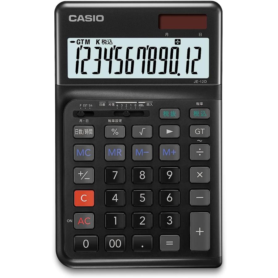 カシオ 人間工学電卓 12桁 日数&時間計算機能 ジャストタイプ ブラック JE-12D-BK-N エコマーク認定