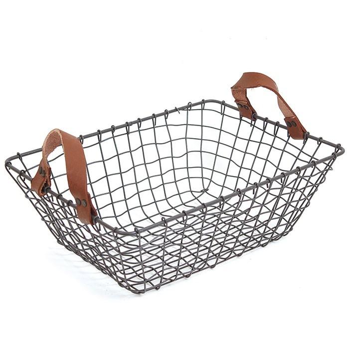 本革レザー ワイヤーバスケット 小物収納に ワイヤーバスケット 皮手長角大 : ポッチワン 収納屋さん - 通販