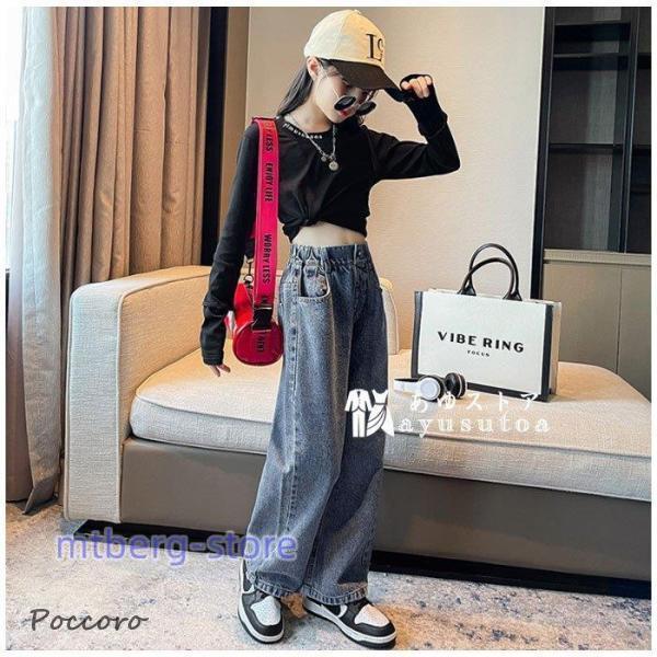 韓国子供服 女の子 セットアップ レジャー 秋服 キッズ 長袖Tシャツ+デニムワイドレッグパンツ 春着 秋着 通学着 2点セット ジーンズ デニムパンツ 120-170の画像