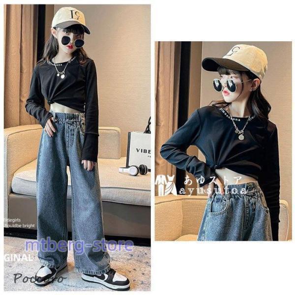 韓国子供服 女の子 セットアップ レジャー 秋服 キッズ 長袖Tシャツ+デニムワイドレッグパンツ 春着 秋着 通学着 2点セット ジーンズ デニムパンツ 120-170の画像