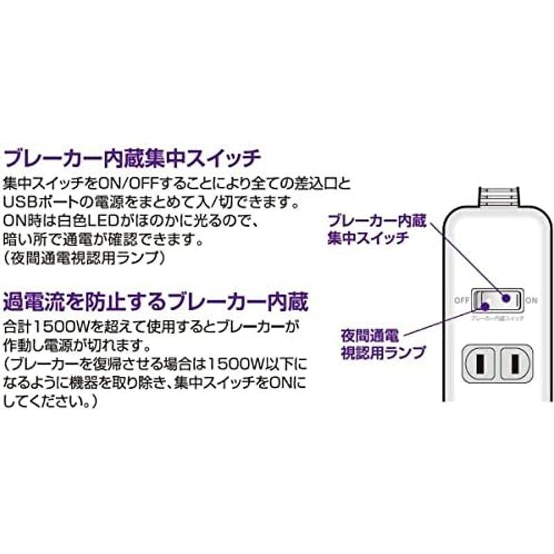 エルパ (ELPA) 耐雷USBタップ 雷ガード 延長コード コンセント 4個口 2ｍ 100V 14A ブレーカー WLS-402USB(｜pochonn-do｜03