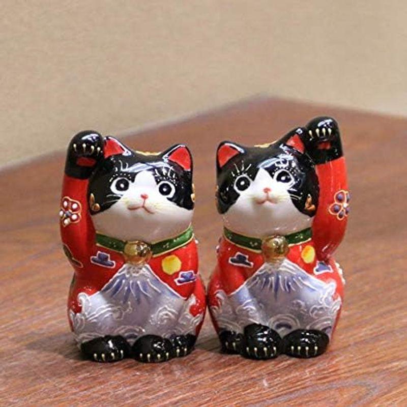 九谷焼 ペア 招き猫 3号 赤黒富士山 磁器 日本製｜pochonn-do｜02