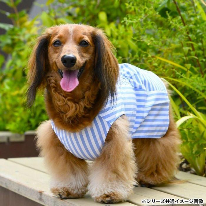 ハンドメイド犬服 ストライプ柄ワンピース 犬用ワンピース ブルー Mサイズ ストライプ柄 冷感生地 シャーリング