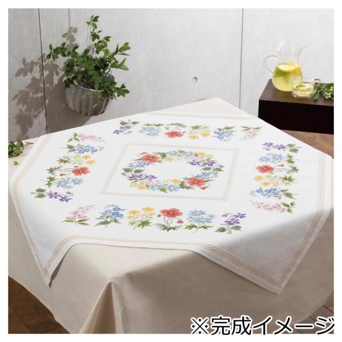 まこちゃん！ハンド刺繍入りテーブルクロス 花柄 ホワイト 刺繍キット テーブルクロス 春の小花 クロスステッチ 上級者用 手芸