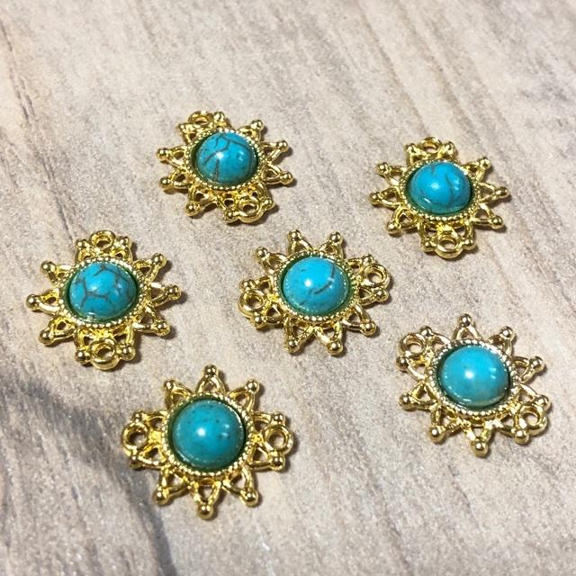 6個 太陽小 ゴールド コネクター ターコイズ チャーム | 