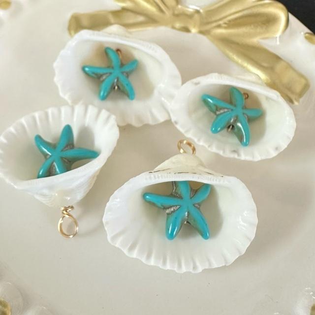 4個 貝殻 ヒトデ チャーム ターコイズ/ホワイト |  | 02