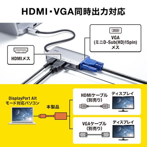 サンワサプライ AD-ALCHV02 USB Type C-HDMI/ VGA変換アダプタ（4K/ 30Hz/ PD対応）の画像
