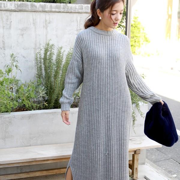 ニットワンピース 冬 あぜ編み 裾スリット ロング ニット ワンピース レディース 長袖 ざっくり 無地 カジュアル 丸首 ブラック 黒 Canacana 通販 Yahoo ショッピング