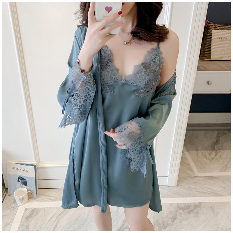 安い ルームウェア 部屋着 シルク ワンピース ｖネック 長袖 無地 前開き おしゃれ 大人可愛い セクシー 春 夏 秋 ２点セット 楽天 Nooitmeergrasmaaien Be