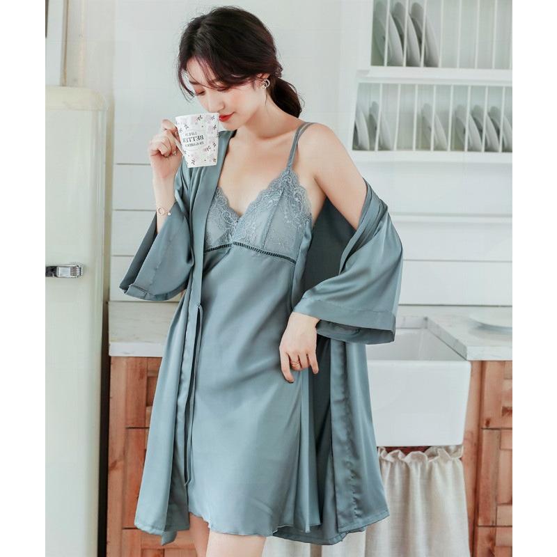 レビューで送料無料 ルームウェア ネグリジェ シルク ワンピース ｖネック 長袖 無地 前開き 大人可愛い セクシー 春 夏 秋 ２点セット 55 以上節約 Cepici Gouv Ci