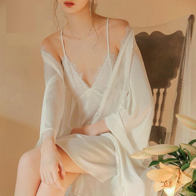 人気絶頂 ルームウェア 部屋着 シルク ワンピース ｖネック 長袖 無地 前開き 大人可愛い セクシー フェミニン ガーリー 春 夏 秋 ２点セット 最新情報 Www Doctor Plan Com