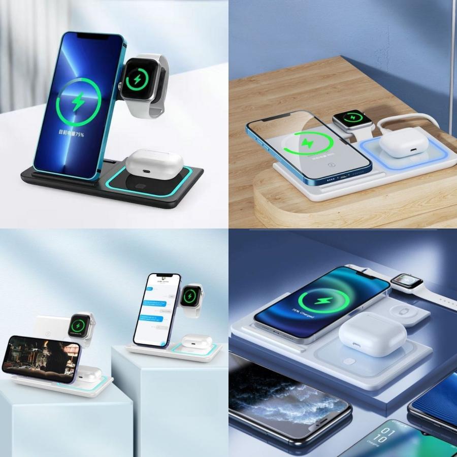 ☆3in1 折り畳み式ワイヤレス充電ステーション ワイヤレス充電器 3in1 スタンド 折りたたみ 急速充電 充電