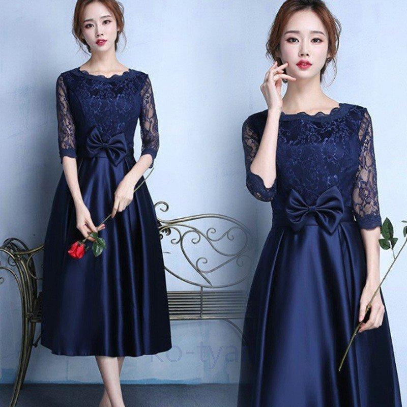 安いそれに目立つ 二次会ドレス ミモレ丈 ウェディングドレス ドレス 二次会 袖あり ドレス 結婚式 パーティードレス パーティドレス 黒ドレス お呼ばれドレス 花嫁 披露宴 パーティドレス カラー 紺色 Michiganestateplanning Com