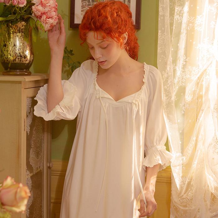 保存版 送料無料 パジャマ ワンピース 七分袖 ロング丈 レース フリル 森ガール スクエアカット ゆったり 激安特価 Nooitmeergrasmaaien Be