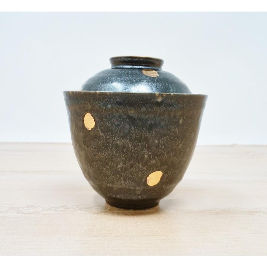 天目 蒸し茶碗 金ドット【和食器 赤絵 手描き 蓋付き 煮物碗 蓋向付