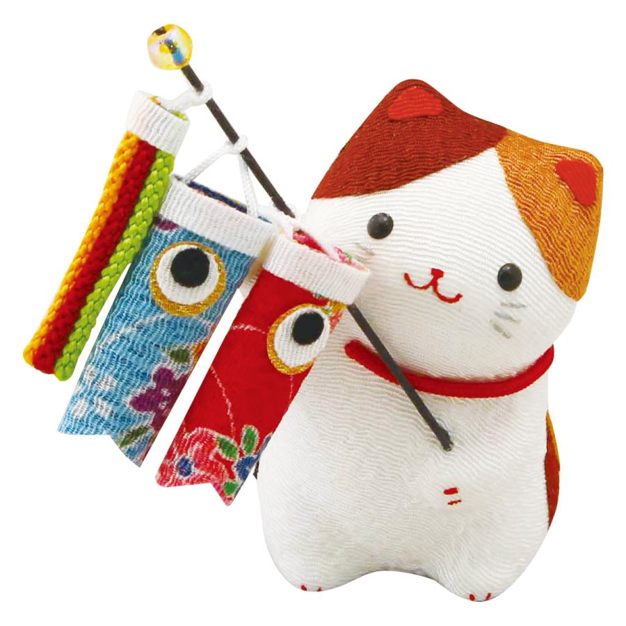 端午の節句飾り 三毛猫と鯉のぼり コンパクト マンションサイズ 手作りちりめん細工 五月人形 子供の日 室内（Yahoo!・季節の和雑貨 京都 和匠ポラーコ）