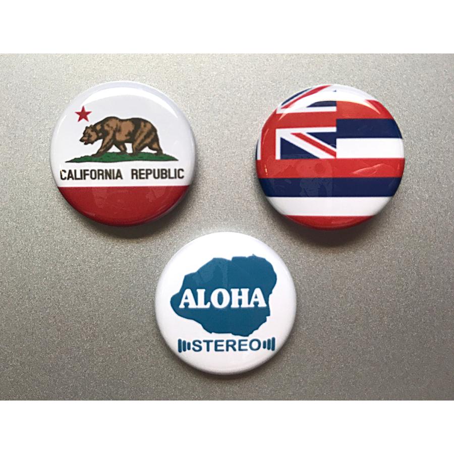 Aloha! 缶バッジ 4個セット ハワイ・カリフォルニア・アロハ、缶バッジ3個セット（25mm