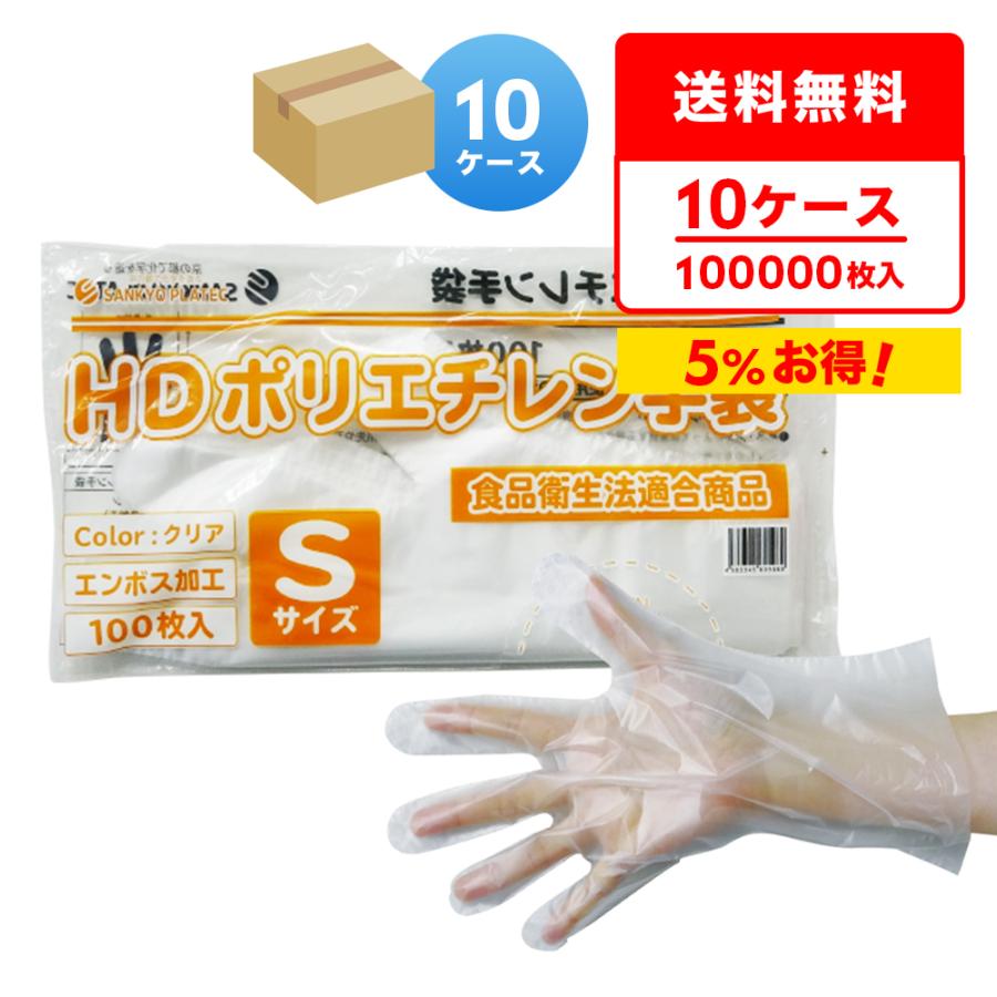 ポリエチレン手袋 HD Sサイズ エンボス加工 半透明 100枚x100冊x10箱 