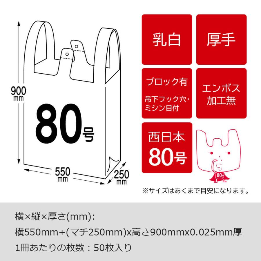 レジ袋 厚手 西日本 80号 大型 ブロック有 55x90cm マチ25cm 0.025mm厚 乳白 50枚x10冊 RS-80 サンキョウプラテック_2