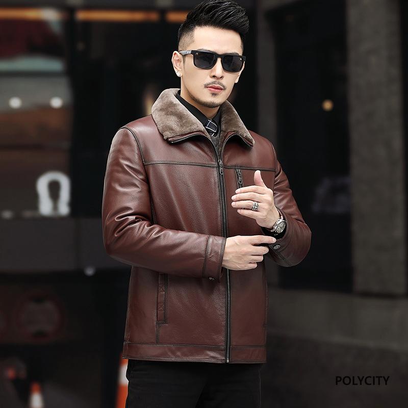全品送料無料 秋冬の 牛革 ウールライナー メンズレザージャケット 男性 ラペル 毛皮一体 厚い 暖かい 紳士 カジュアル ファッション 赤茶色 楽天 Baskentkaravan Com