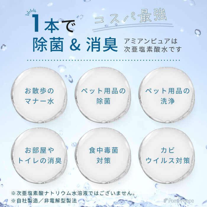 ペット 消臭 除菌 除菌水 次亜塩 素酸水 マナー 除菌水 舐めても 安心 自社生産アミアンピュア60・6本セット 次亜塩素酸水1000ml 詰替用 ポンポリース｜pomp-ya｜03