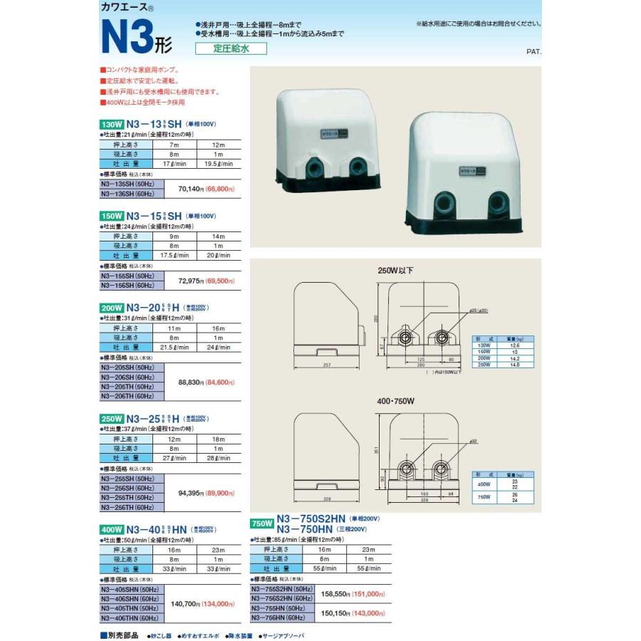 川本ポンプ N3-405SHN カワエース 単相100V 送料無料 : よろずや清兵衛