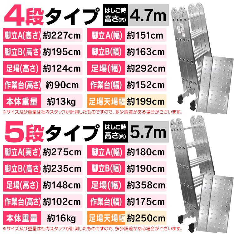 多機能 はしご アルミ 伸縮 脚立 作業台 梯子 ハシゴ 足場 4段 4.7m