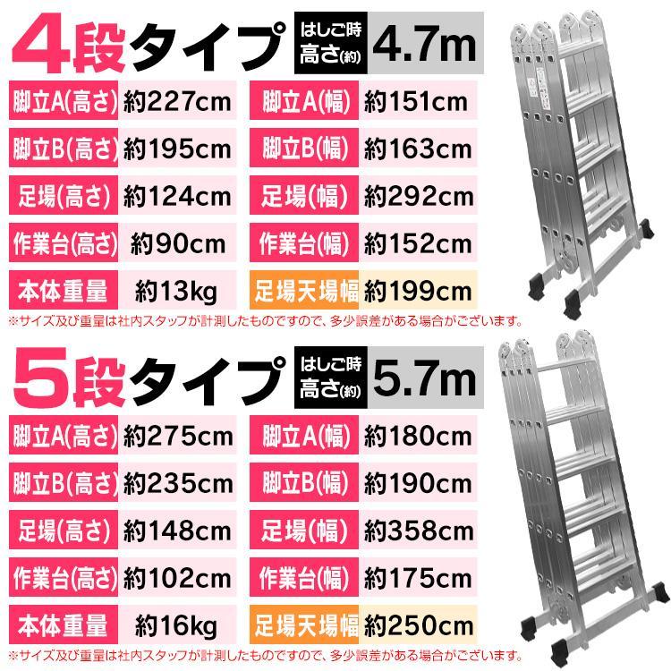 はしご ハシゴ 伸縮 アルミ 梯子 脚立 多機能 作業台 足場 5段 5.7m