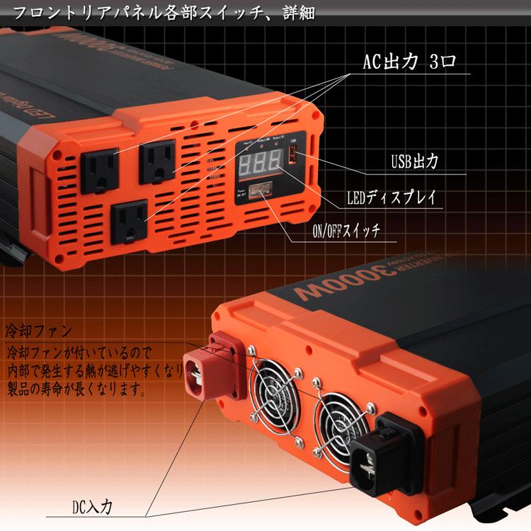 カーインバーター 3000W DC12V AC100V 疑似正弦波 ショート防止機能 LED画面 USBポート 50Hz/60Hz切替｜pond｜03