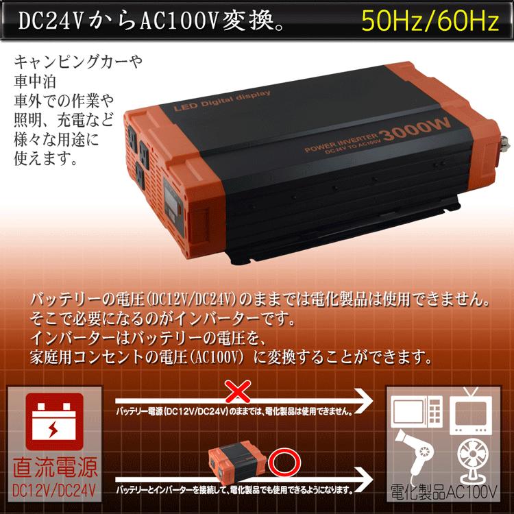 カーインバーター 3000W DC24V AC100V 疑似正弦波 ショート防止 カーインバーター 3000W DC24V AC100V 疑似正弦波 ショート防止