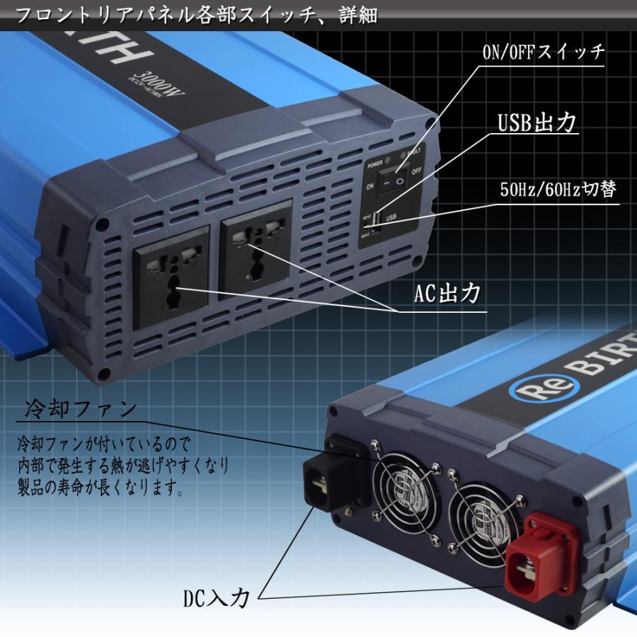 インバーター 正弦波 DC 12V AC 100V 変換 定格 3000W 瞬間 6000W 50Hz