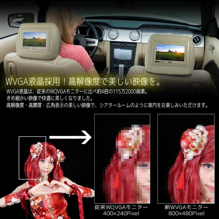 ヘッドレストモニター　LED液晶　7インチ　WVGA　高画質　左右2個セット　800x480pix　ベージュレザータイプ　リモコン付