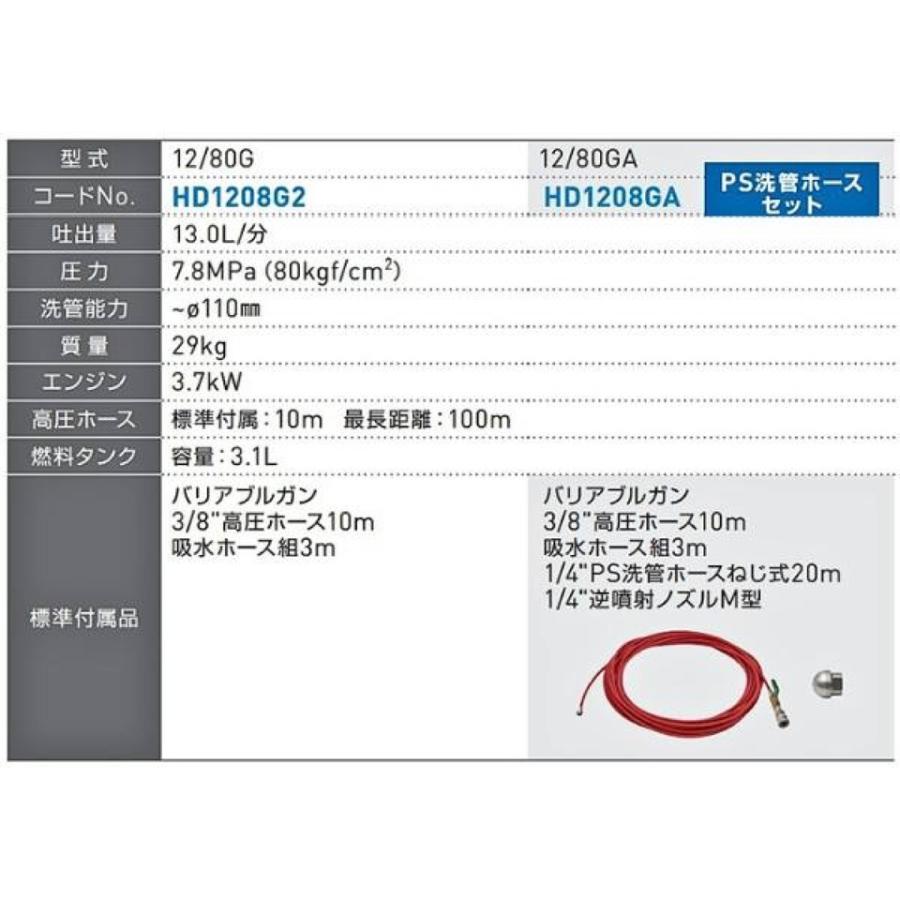 【メーカー直送品】HD1208G2 Asada アサダ高圧洗浄機12/80G 13L 7.8MPa(80kgf/cm2) エンジン式 自吸式 SUSワンタッチカプラ仕様 水道直結要別販売品 建設機械の画像