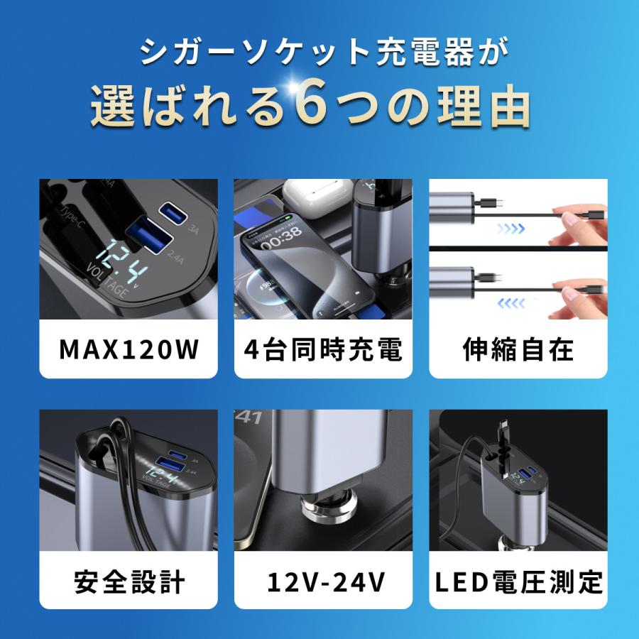 シガーソケット usb タイプc 急速充電 チャージャー 車載 充電ケーブル