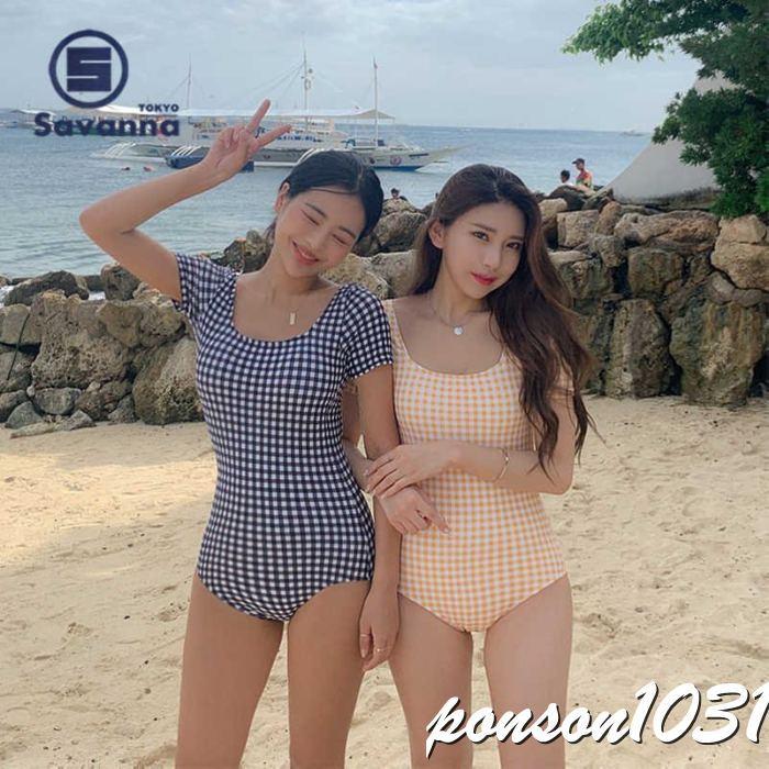 水着 レディース ワンピース 無地 チエック ベアトップ かわいい かわいい 水着 韓国ファッション チエック 体型カバー 夏