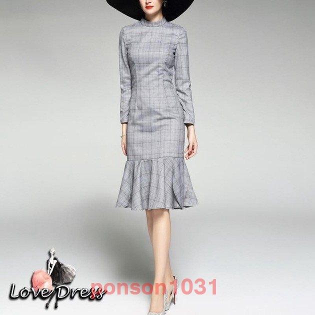 本物の ワンピースレディース結婚式二次会パーティドレスエレガントチェック柄マーメイドスカートフリルスカートミディ丈カジュアルデート ワンピース サイズ L Www Oroagri Eu