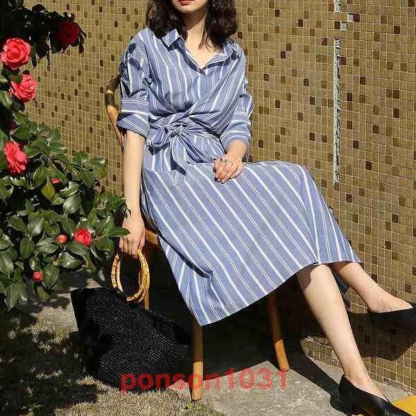 21新作モデル レディース春夏秋冬ほっそり効果大代30代40代50代 大人ワンピースエレガンス上質素材ストライプ大人カッコイイきれいめ上品サックスホワイト5部袖膝下丈お出掛け ワンピース チュニック Sergiopizarro Com Co