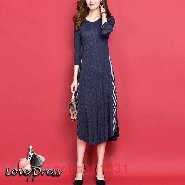 ワンピースレディース大きいサイズ30代40代大人女子エレガントプリーツストライプロング丈アシンメトリー
