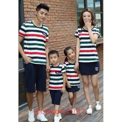 夏物親子ペアルック旅行レディース半袖tシャツ ショートパンツミニースカート2点セットアップボーダー柄パパママと子供お揃いプレゼント記念日ストライプ柄 高級ブランド