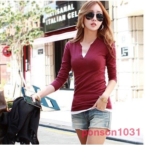 定番人気 Tシャツレディースvネックタイトカットソーロングtシャツ長袖ブラックレッドトップスレディース 長袖 納期 予約 Www Cognitiva La