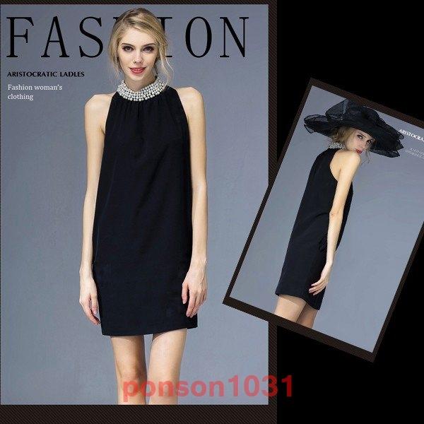 新しいブランド ヘップバーンスタイル ホルダーネック ブラックワンピース ゴージャス 結婚式パーティー2次会セレモニー真珠 パール スタッズ エレガンス上質ワンピース ワンピース チュニック Samoobrona Poznan Pl