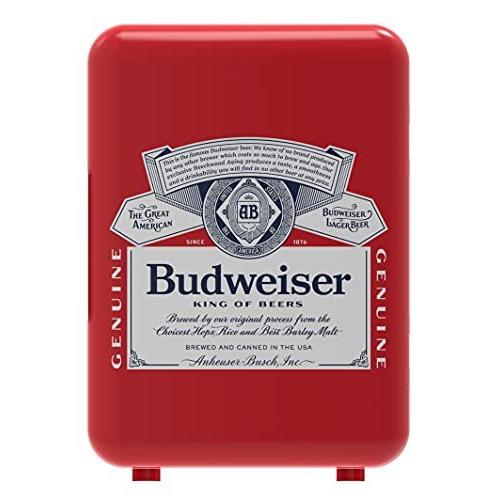 CURTIS Budweiser MIS135BUD, Mini Portable Compact Personal Fridge Cools \u0026 Heats, 4 Liter Capacity Chills Six 12 oz Cans, 100% Freon-Free \u0026 E