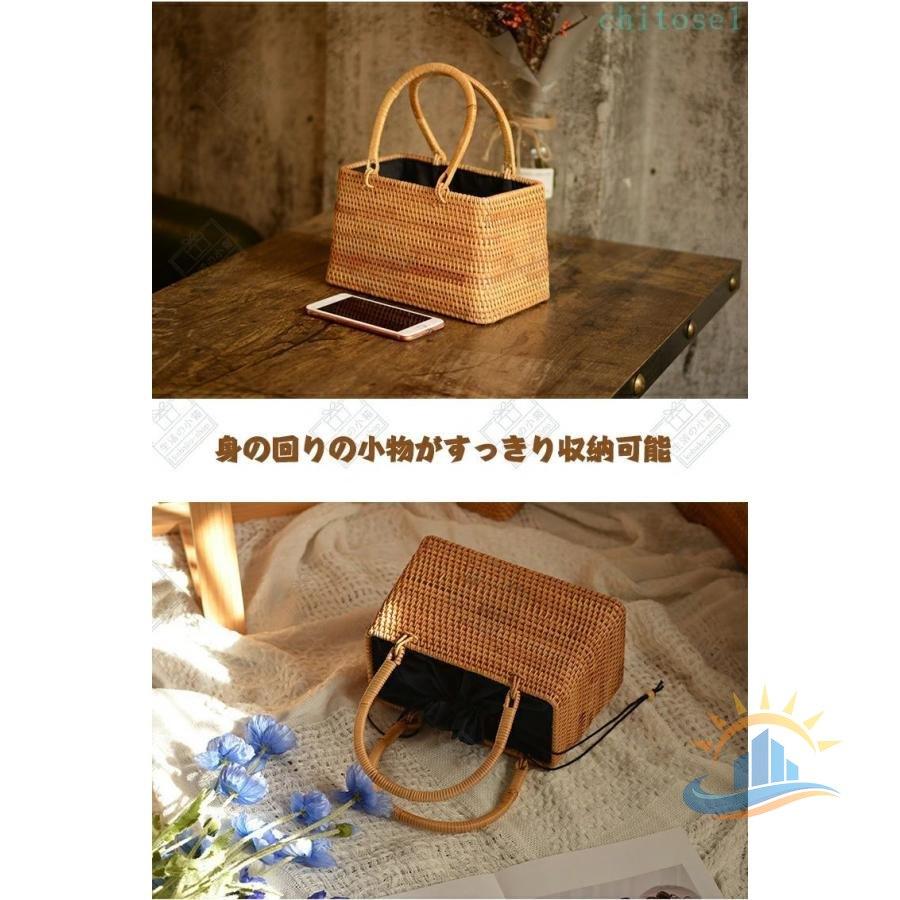 バッグ レディース 大人 かご 編みかご スクエア型 ハンド 巾着付き